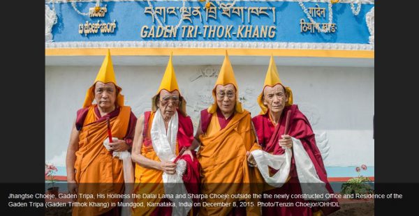 Jhangtse Choeje, Gaden Tripa, His Holiness the Dalai Lama and Sharpa Choeje outside the newly constructed office and Residence of the Gaden Tripa (Gaden Trithok Khang) in Mundgod, Karnataka, India on December 8, 2015. Photo: Tenzin Choejor/OHHDL